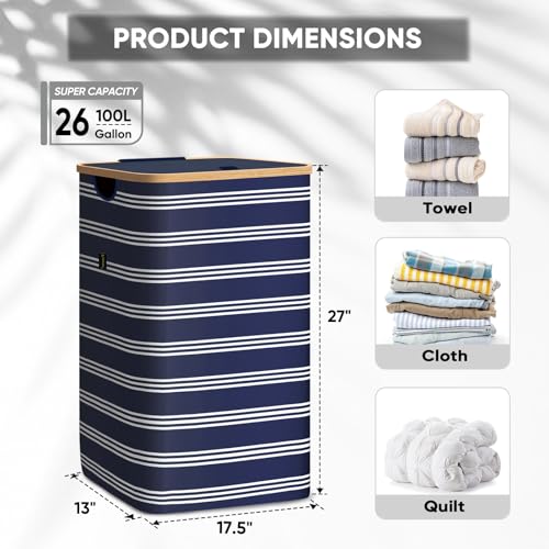BALEINE Laundry Hamper with Lid, Tall Laundry Baskets with Bamboo Pull Handles, Large Laundry Bin with Internal Support (26 Gal/100L, Blue Pinstripe) - color: Blue Pinstripe, size: 100 liters