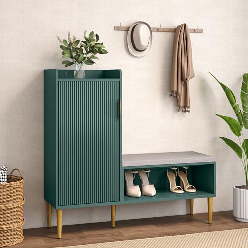 Storage Bench with Fluted Door&Shelf, Modern Entryway Bench with Padded Seat, L-Shaped Shoe Organizer Cabinet for Hallway, Living Room, Office, Green - color: Green