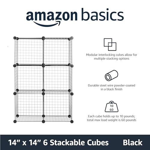 Amazon Basics 6 Cube Wire Grid Storage Organizer, Stackable Cubes, Cubby Bookcase, Display Shelf, 14" D x 14" W x 14" H, Black - color: Black