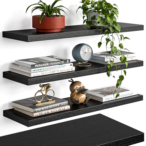 YUFLINX 23’’Black Floating Shelves for Wall,Rustic Wood Shelf for Room Decor/Storage/Display,Small Bookshelf,Wall Mounted Hanging Shelves for Bedroom, Bathroom, Living Room, Kitchen,Set of 4 - color: Black, size: 23in