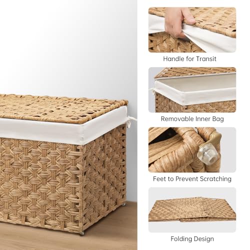 Wicker Storage Basket with Lid, 17.2 Gallon (65L) Small Blanket Basket with Lid, Woven Storage Bin with Handles, Removable Liner, Metal Frame, Foldable, for Bedroom, Laundry Room, Natural - color: Natural, size: 65L:13.4 x 21.9 x 13.4 Inches