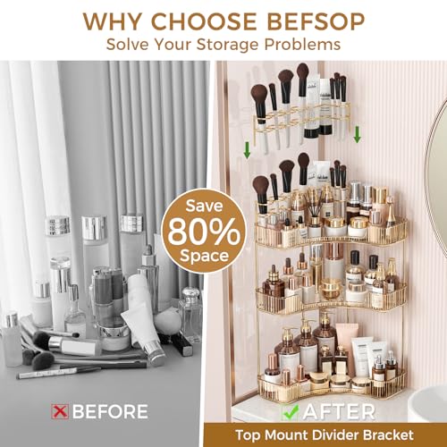 BEFSOP Corner Bathroom Counter Organizer, Upgraded 3-Tier Makeup Organizer Countertop with Makeup Brush Holder, Skincare Exquisite Vanity Organizers Countertop Bathroom Storage Dresser(GOLD) - color: Gold, size: 3 Tier
