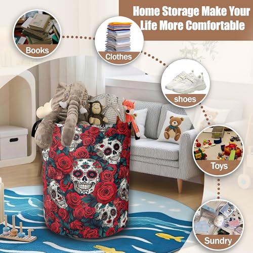 Skull Red Rose Laundry Hamper,Flowers Skeleton Laundry Baskets,Waterproof Oxford Cloth Toy Storage for Bedroom,Bathroom,Nursery,16x20.8 Inch - color: Skull Red Rose,Flowers Skeleton