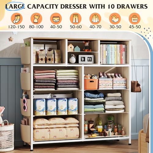 WLIVE Fabric Dresser for Bedroom with 10 Drawers, Chest of Drawers with Side Pockets and Hooks, Sturdy Metal Frame, Drawers Organizer Unit for Living Room, Hallway, Cream White - color: Cream White