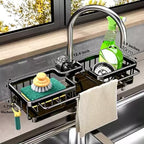 Sink Organizer Rack for Kitchen and Bathroom,Stainless Steel Detachable Hanging Faucet Drain Rack with Drip Tray Faucet Sponge Holder for Bathroom (Black, L&R as One) - size: L&R as One