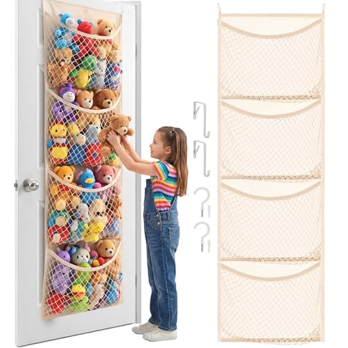 Over The Door Stuffed Animal Storage, Cotton Toy Organizer for Storage Plush Toys,Baby Supplies, Stuffed Animal Holder with 4 Large Pockets, Hanging Door Organizer for Nursery, Bedroom, Kids Room - color: Beige, size: Normal