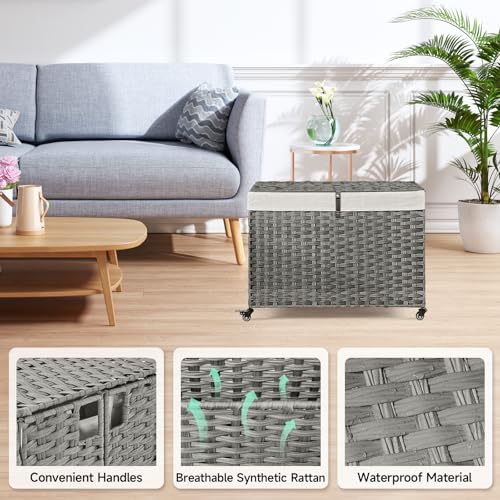 Rolling Storage Basket with Lid, 47.6 Gallon (180L) Storage Bin with Wheels, Woven Rattan Blanket Storage Basket with Handles, Foldable, Metal Frame, Removable Liner for Bedroom, Laundry Room, Grey - color: Grey