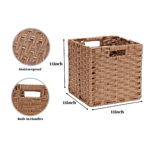DULLEMELO Wicker Storage Baskets 11x11 Storage Cube Bins Foldable Plastic Cubby Baskets for Shelves Set of 2 Waterproof Woven Storage Bins for Organizing Pantry,Closet,Toys - Brown - color: Woven-Brown, size: 11in-2 pack