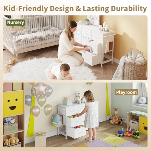 Dresser for Bedroom, Small Fabric Dressers for Kids Bedroom, 9 Drawers Dresser for Closet, Storage Organizer Chest of Drawers for Nursery, Dorm, Apartment, TV Stand, Wooden Top, Side Hooks (White) - color: White, size: 11.8"D x 39.4"W x 25.6"H (9 Drawers)