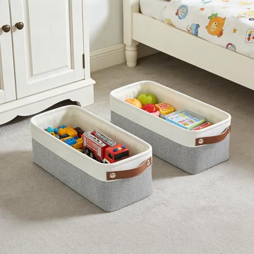 Bagnizer Small Fabric Storage Baskets, 15x6x5 inch Narrow Storage Bins 4-Pack Long Storage Basket for Organizing with Handles, Decorative Basket for Closets, Shelves, Toilet Paper, Grey - color: Gray / Off-White, size: Narrow-15"x6"x5"