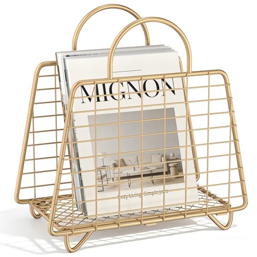 Gold Magazine Holder,Modern Magazine Rack Floor,Metal Wire Magazine Basket,Handbag Design Magazine Storage Organizer for Magazines File Book Newspaper Vinyl Record Albums - color: Gold