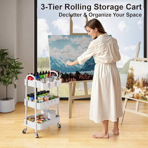 3 Tier Heavy Duty White Metal Rolling Cart with Lockable Wheels, Three Tier Roller Book Snack Cart, Utility Storage Organizer Carts for Kitchen, Bathroom, Garage, Baby Diaper, Craft, Art, Teacher - color: Simple White, size: 3 tier
