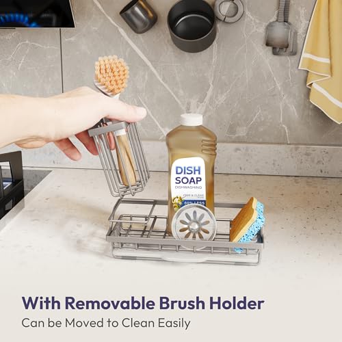 SWTYMIKI Sink Caddy Sponge Holder - Kitchen Sink Organizer with High Brush Holder for Countertop to Hold Dish Soaps and Sponges, Stainless Steel, Sand Nickel - color: Sand Nickel, size: Medium