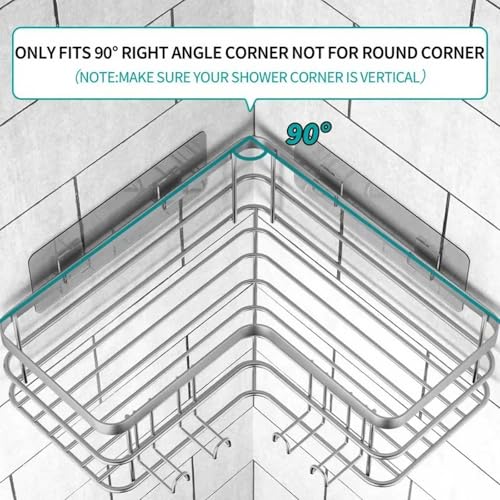 Yazoni Corner Shower Caddy, Adhesive Shower Shelves No Drilling [2-Pack], Rustproof Stainless Steel Bathroom Shower Organizer with 8 Hooks - color: Silver Grey, size: 2 Pcs