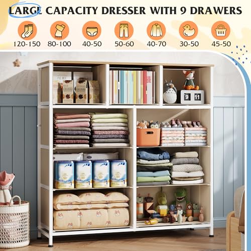 WLIVE 9 Drawer Dresser, Fabric Storage Tower for Bedroom, Hallway, Closet, Tall Chest Organizer Unit for Bedroom with Fabric Bins, Steel Frame, Wood Top, Easy Pull Handle, Cream White - color: Cream White