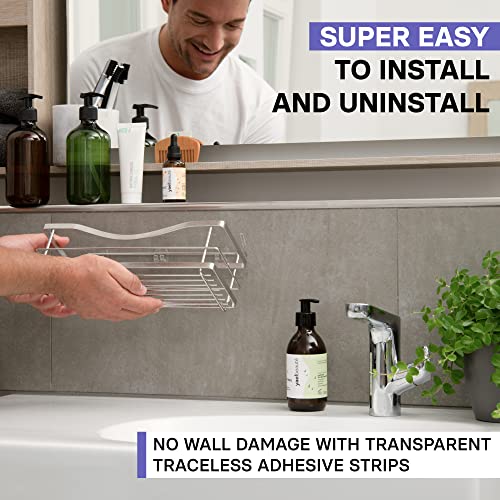 KINCMAX Premium Shower Caddy, Self Adhesive Wall Shower Organizer, 2-Pack No Drill Bathroom Shelves, Rustproof Stainless Steel Shampoo Holder, Storage Rack, Silver - color: Polished Silver, size: 2-Pack Caddies
