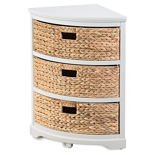 eHemco Hampton Meadows 3 Tier X-Side Corner Table Storage Cabinet with 3 Wicker Baskets, White - color: White, size: 14"D x 14"W x 25.5"H (3 Drawers)