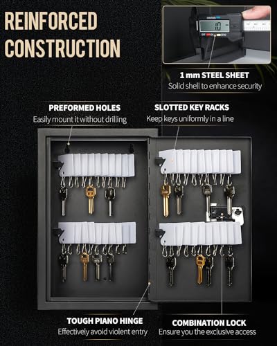 Uniclife 40 Position Slotted Key Cabinet with Combination Lock Resettable Black Digital Security Storage Box Steel Key Organizer with Slotted Racks White Key Tag Labels and Permanent Pen - color: Black, size: 40 Keys