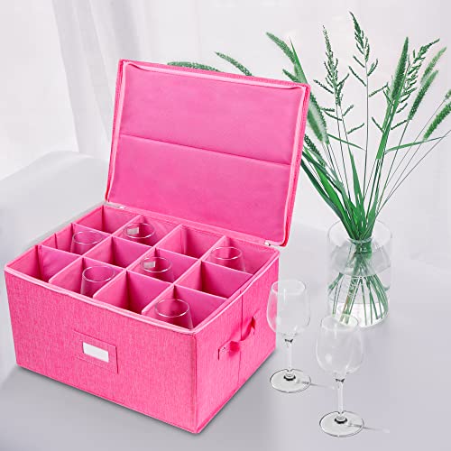 Stemware Storage Cases, Hard Shell Wine Glass Storage Box Containers with dividers for 12 Wine Glasses, Drinkware, Glassware or Crystal 17" x 13" x 10"H (Pink) - color: Pink