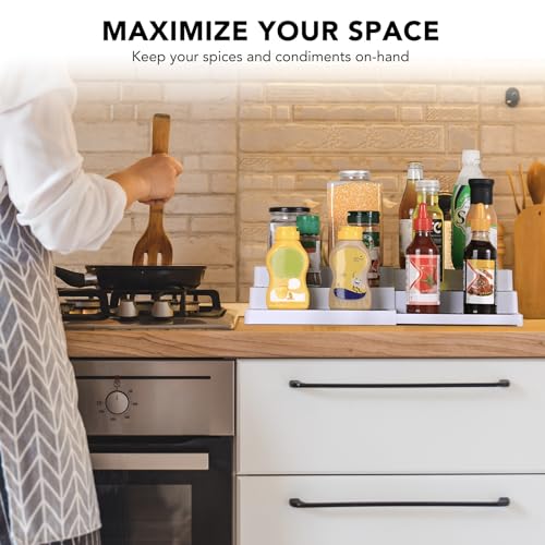 CiWiVOKi 3-Tier Expandable Spice Rack, Plastic Spice Rack Organizer for Cabinet, Adjustable Length, Non-Skid Spice Shelf Organizer for Kitchen Cabinet, Countertop or Pantry, 2 Pack, White/Grey - color: White/Gray(Pack of 2), size: 9.5"-17.5"