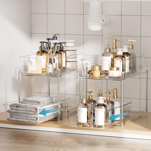 Vtopmart 8 Pack Bathroom Organizer, 2 Tier Clear Under Sink Organizers Vanity Countertop Storage Container,Cabinet Drawers Bins, Pull-Out Organization with Track for Pantry, Kitchen - color: Transparent, size: S-Standard (8 Pack)