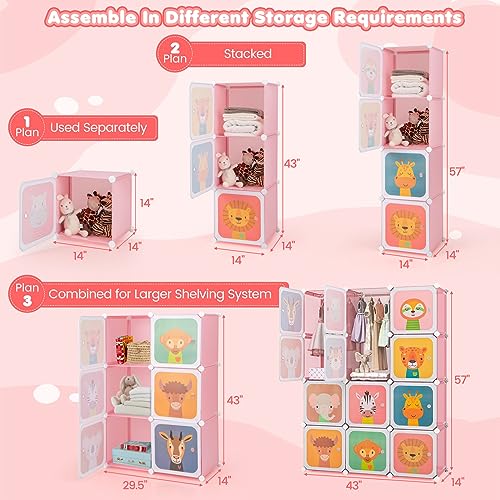 Costzon Kids Closet, Cartoon DIY Modular Dresser Storage Organizer with 12 Cubes & 2 Clothes Hanging Rack, Portable Armoire for Baby Toddlers, Kids Wardrobe for Bedroom Nursery (Pink) - color: Pink, size: 12 Cubes