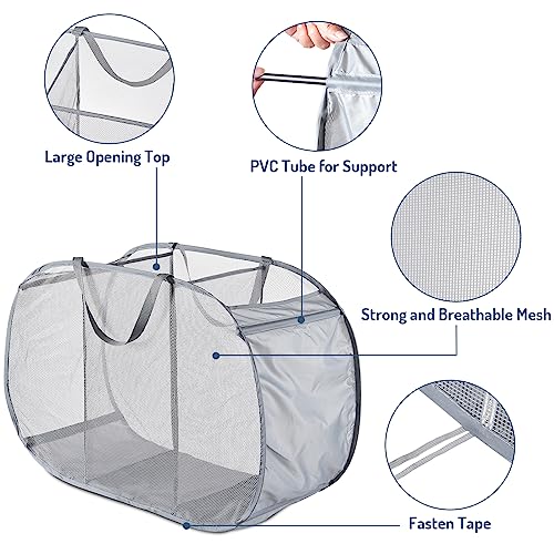 Seiritex Mesh Popup Laundry Hamper 3 Compartment Sortable Horizontal Collapsible Laundry Basket for Clothes Laundry Room Bedroom Toys Travel (Gray) - color: Gray 3-compartment