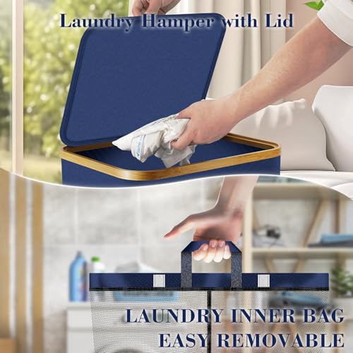 Laundry Hamper with Wheels,29 Gal (110L) Laundry Basket with lid Rolling Clothes Hamper Foldable Dirty Clothes Basket on wheels with Bamboo Frame and Bag for Bedroom, Dorm, Laundry Room-Blue - color: Blue, size: 110 L
