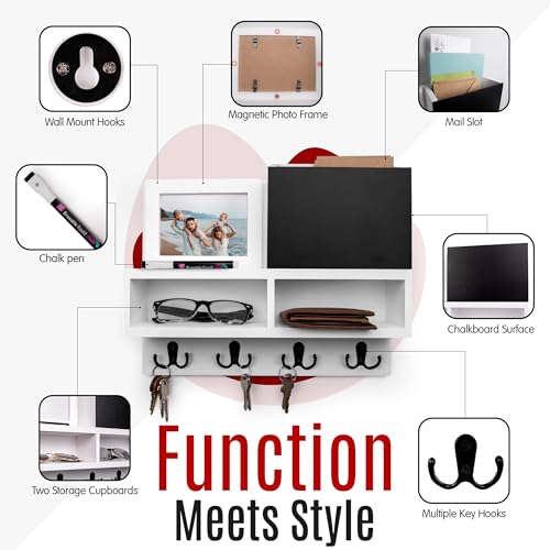 Spacelog Key and Mail Holder for Wall with Chalkboard – Magnetic Picture Frame Key Holder Wall Mount, White, Dual Storage & Cupboards - color: White