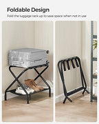 SONGMICS Luggage Racks, Set of 2, Suitcase Stand with Fabric Storage Shelf, for Guest Room, Bedroom, Hotel, Foldable Steel Frame, Holds up to 110 lb, 27.2 x 15 x 20.5 Inches, Black URLR002B02 - color: Black, style: with Shelf