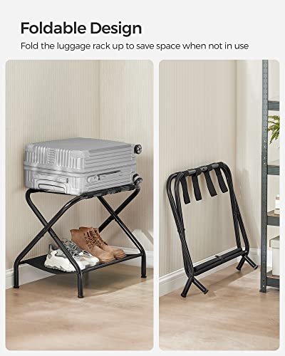 SONGMICS Luggage Racks, Set of 2, Suitcase Stand with Fabric Storage Shelf, for Guest Room, Bedroom, Hotel, Foldable Steel Frame, Holds up to 110 lb, 27.2 x 15 x 20.5 Inches, Black URLR002B02 - color: Black, style: with Shelf