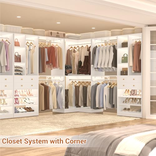 Closet System with 2 Drawers, 5 Hanging Robs, 4 Adjustable Shelves, 90.5"*31.5" Closet Organizer System with Corner Tower, L-shape Walk-in Closet System, Corner Closet System Set of 2, White - color: White, size: 90.5" * 31.5"