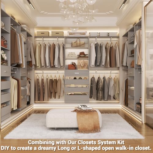 Aheaplus Closet System with Drawers Set of 2, Wood Closet Organizer System with 8 Hanging Rods & Top Shelves, Walk-in Closets Organizer Wardrobe Clothes Rack System, Cut Fits Spaces 4-9FT. Wide, Grey1 - color: Grey
