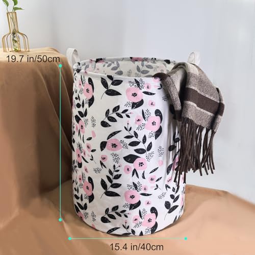 Mziart Cute Laundry Basket, Large Floral Laundry Hamper for Girls Kids Toys Collapsible Clothes Organizer Waterproof Foldable Baby Hamper for Nursery Dorm Fabric Storage Basket Bin with Handles (Pink) - color: Pink