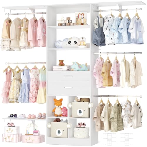 5FT Small Closet System, Baby Closet Organizer System with Wooden Drawers, 60 Inches Walk In Closet System With 5 Hanging Rods and 3 Reversible Hanging Shelving, White - color: White, size: 5 FT
