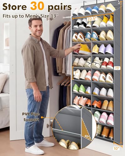 30 Pairs over the Door Shoe Organizer, 10 Tiers Shoe Rack for Door with Wider & Deeper Pockets (Fit Men's Size 14), Hanging Shoe Holder Storage for Closet, Bedroom, Bathroom, Dark Gray - color: Dark Gray