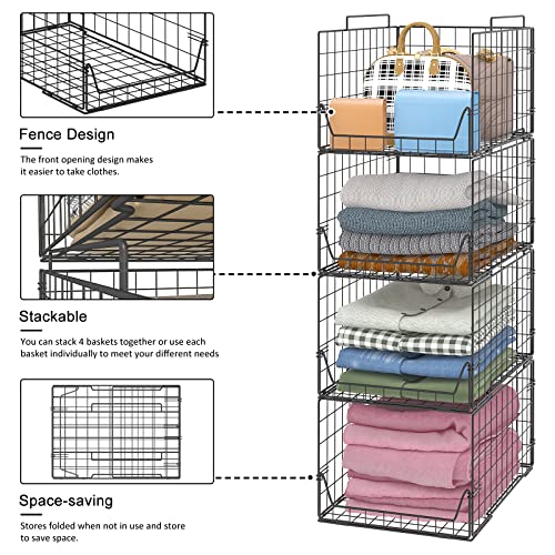 Jakyitvi Stackable Closet Organizers and Storage Bins 4 Pack, Sturdy Metal Clothes Storage Container for Clothes Pants Sweaters, Black Folded Drawer Shelf Organizer for Closet Wardrobe - color: Black, size: 4 Tier