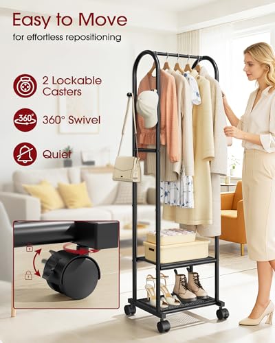 Sakugi Heavy Duty Premium Clothes Rack with 2-Tier Mesh Shoe Shelves & 4 Hooks, Lockable Wheels, Space-Saving, Multi-Functional for Bedroom, Entryway, Closet, Modern Design, 18.4" x 12.6" x 72", Black - color: Black
