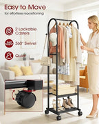 Sakugi Heavy Duty Premium Clothes Rack with 2-Tier Mesh Shoe Shelves & 4 Hooks, Lockable Wheels, Space-Saving, Multi-Functional for Bedroom, Entryway, Closet, Modern Design, 18.4" x 12.6" x 72", Black - color: Black