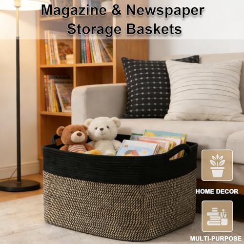 Large Blanket Basket,Woven Rope Basket Storage Bin with Handles,65L Rectangle Laundry Basket for Magazines,Toys,Clothes,Newspaper Shelf Organization,Nursery and Living Room,Black&Jute - color: Black & Jute, size: 21"x16"x12"(65L)