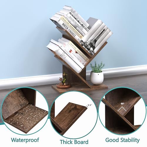 R RUISHENG 3 Tier Small Tree Bookshelf Desk Book Organizer Narrow Bookcases for Books Magazines CDs Free Standing Retro Wooden Storage Shelves for Home Office Bedroom Living Room Rustic Brown - color: Rustic Brown