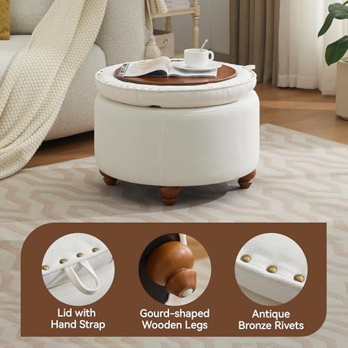 WUTUTUEE 24Inch Round Storage Ottoman with Tray, Modern Tufted Fabric Circle Coffee Table with Storage, Upholstered Ottoman with Removable Top for Living Room, Bedroom, Beige - color: Beige, size: 24 Inch