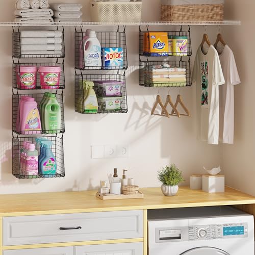 4-Pack Hanging Laundry Room Organizer：Foldable Laundry Room Organizaton Wire Basket with 360°Rotating Hooks Space Saving Over Washer and Dryer Shelves - Metal Laundry Basket Storage, Black Patent - size: 4-Pack 13.9*11*46inch