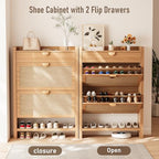 INNOD Rattan Shoe Storage Cabinet, Shoe Organizer with 2 Flip Drawers, Narrow Shoe Cabinet, Free Standing Hidden Shoe Storage, Shoe Rack for Entryway/Hallway/Closet, Natural Oak
