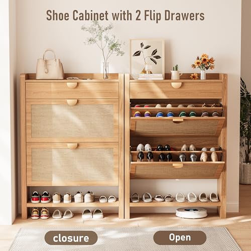 INNOD Rattan Shoe Storage Cabinet, Shoe Organizer with 2 Flip Drawers, Narrow Shoe Cabinet, Free Standing Hidden Shoe Storage, Shoe Rack for Entryway/Hallway/Closet, Natural Oak