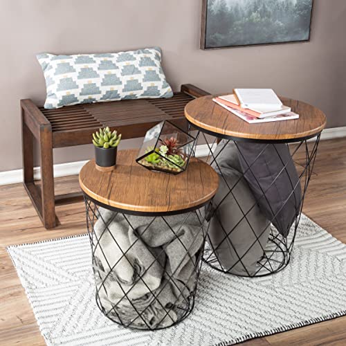 End Tables Set of 2 - Nesting Tables with Removable Wood Tops and Metal Basket Bases for Blanket Storage - Round Side Furniture for Living Room, Bedroom, or Home Office by Lavish Home (Brown) - color: Black Diamond