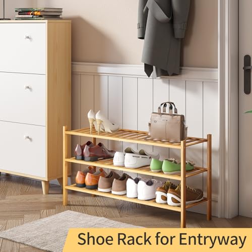 Long Shoe Rack, 3-Tier Bamboo Stackable Shoe Shelf Storage Organizer, Shoe Stand for Closet, Entryway and Hallway - color: Natural, size: 3-Tier-Long