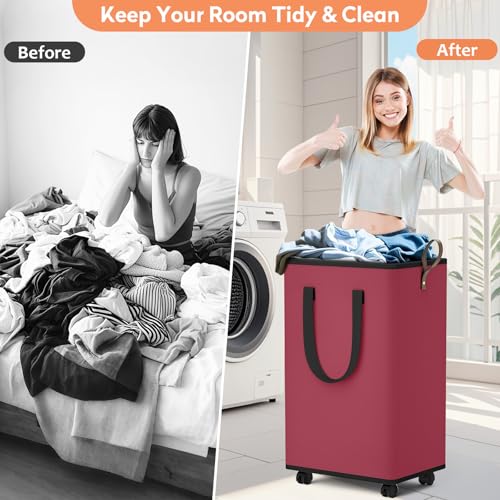 SpaceTrove Laundry Basket with Wheels, Collapsible Laundry Baskets, Laundry Hamper with Handles Detachable Wheels, Rolling Laundry Basket, Dirty Clothes Hamper for Bathroom, Dorm, Bedroom, Red, 100L - color: Red, size: 100L