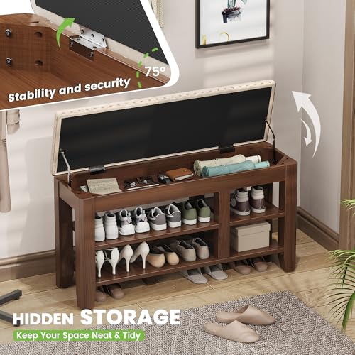 Shoe Bench for Entryway, Solid Rubberwood Shoe Bench with Hidden Storage, Adjustable 2-Tier Shelves & Soft PU Leather Seat, Shoe Rack Durable Easy Assembly for Hallway or Bedroom - Beige, 39.4" - color: Beige, size: 39.4"W x 11.82"D x 20.47"H