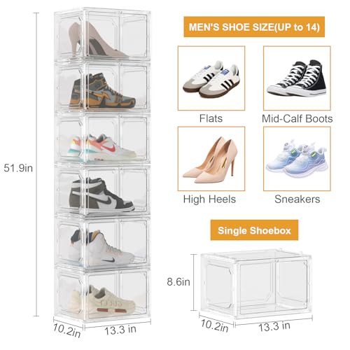 Shoe Box,Set of 6,Stackable Plastic Clear Shoe Box Organizer with Magnetic Door,Shoe Storage Box Thicken Sturdy,Easy Assembly,Fit up to US Size(Side opening door, Clear) - color: White, size: Side